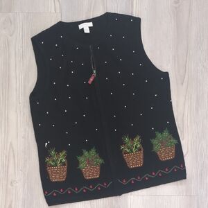Charter Club Wool Christmas Sweater Vest PS Baskets Holly Beaded Zip Up Holiday